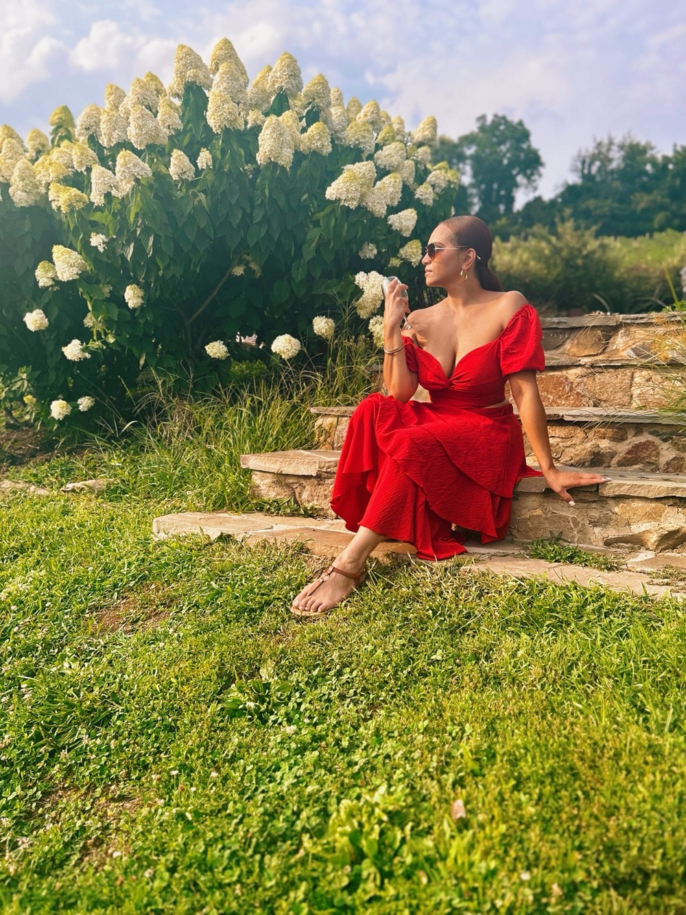 Red Puff-Sleeve Wrap Midi Dress